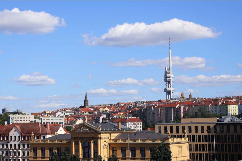 Prague Architecture – Žižkov Television Tower, a contemporary high-tech landmark dominating Prague's skyline with panoramic city views