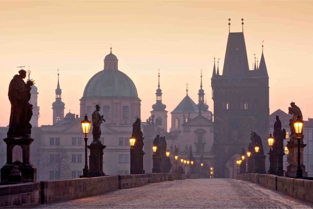 Charles Bridge at sunrise, one of the best free attractions in Prague on a budget