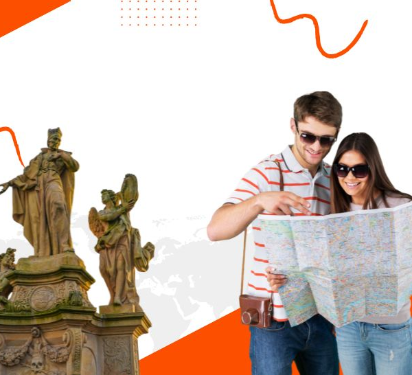 Tourists exploring Prague on a budget with Charles Bridge statue and city map