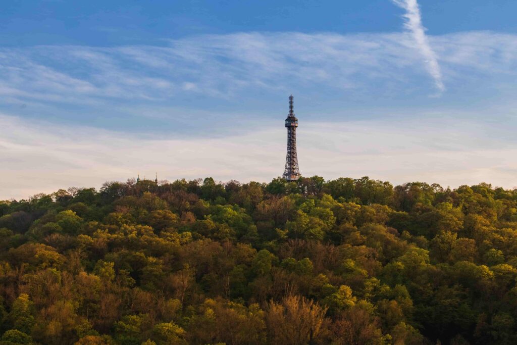 Petřín Lookout Tower rising above Petřín Hill, one of the most iconic Prague Towers with panoramic city views