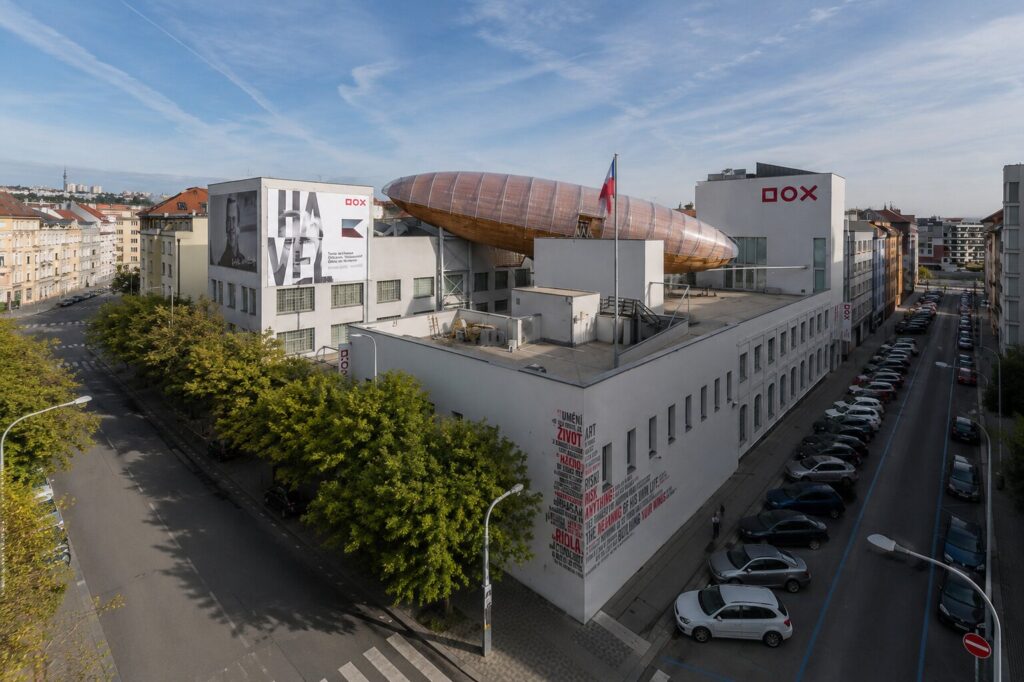 Unusual Museums in Prague - exterior of the DOX Centre for Contemporary Art featuring the Gulliver airship in Prague