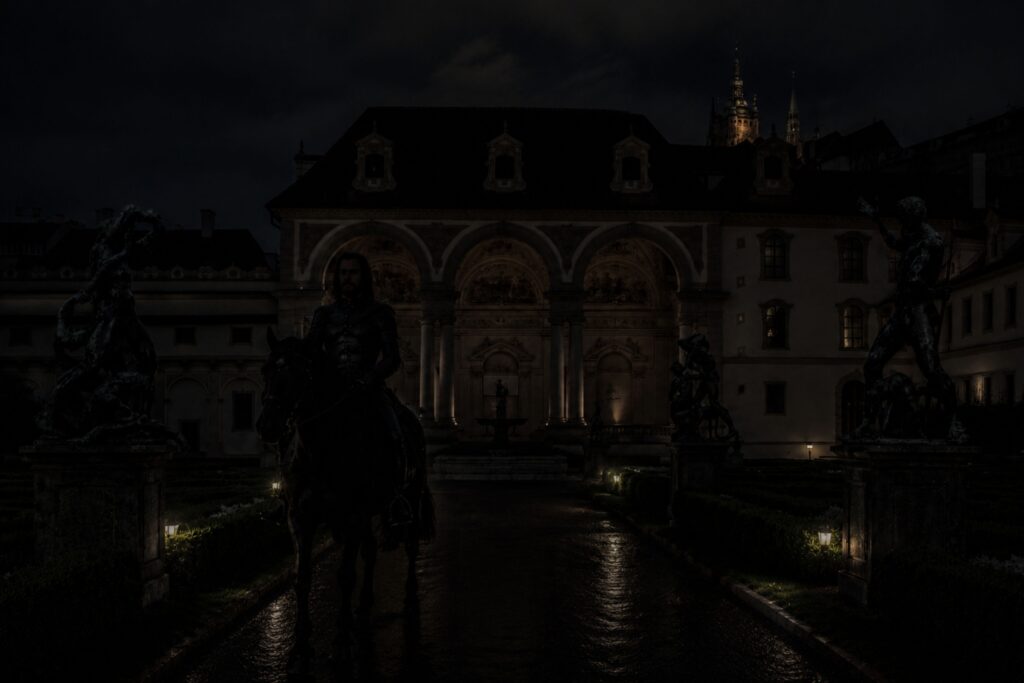 Wallenstein Palace and its gardens in Prague at night, associated with the ghost of General Albrecht von Wallenstein and one of the most mysterious dark stories in Prague