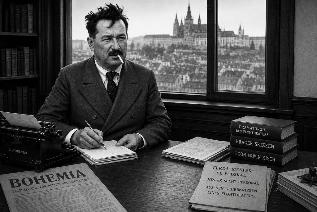 Egon Erwin Kisch writing about Ferda Mestek in a Prague office