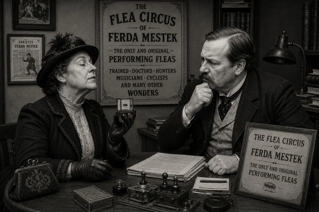 Ferda Mestek examining aristocratic fleas brought by a woman in his office