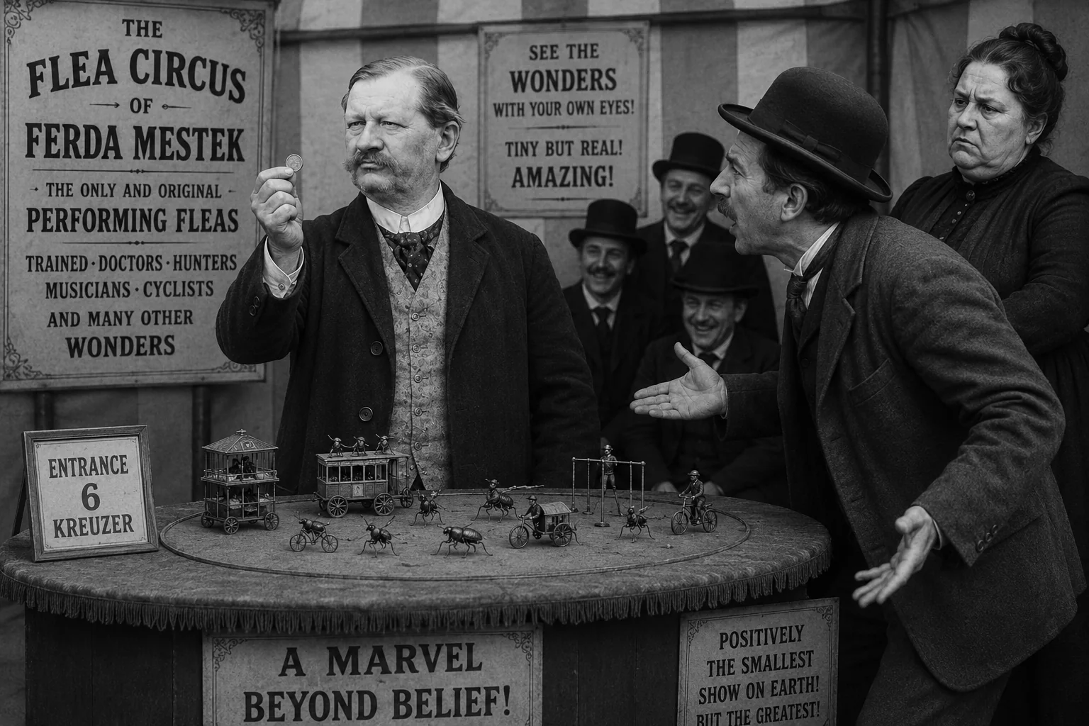 Ferda Mestek confronting a dissatisfied flea circus customer