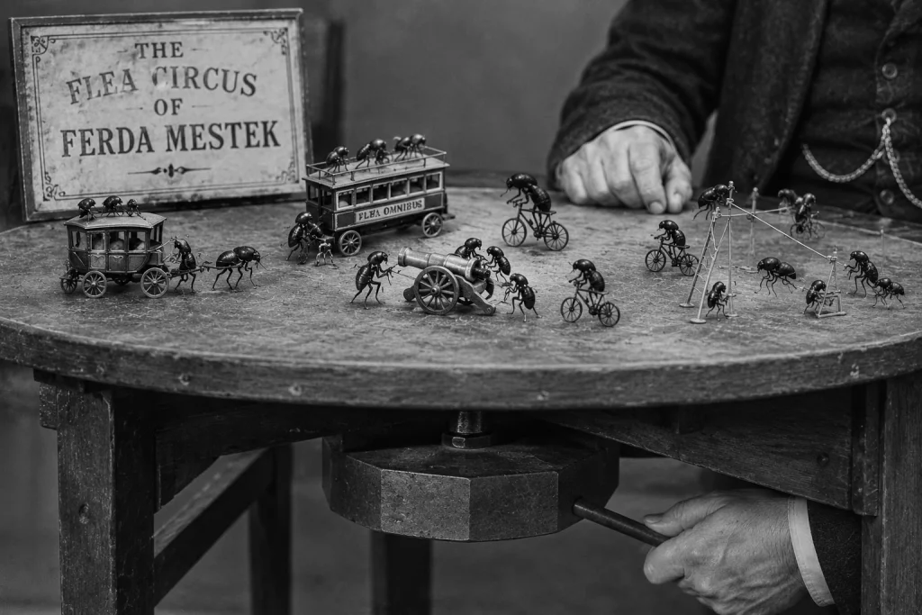 Ferda Mestek flea circus with miniature props and a hidden magnet beneath the table