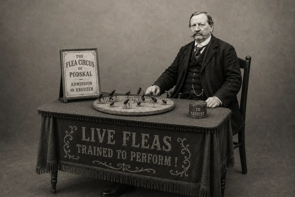 Ferda Mestek performing with the flea circus in Podskal