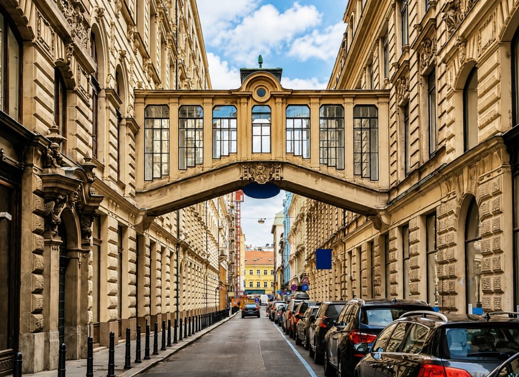 One of the historical Prague streets with an elevated covered passage connecting two historic buildings