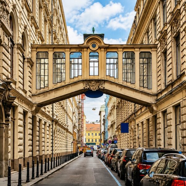 One of the historical Prague streets with an elevated covered passage connecting two historic buildings