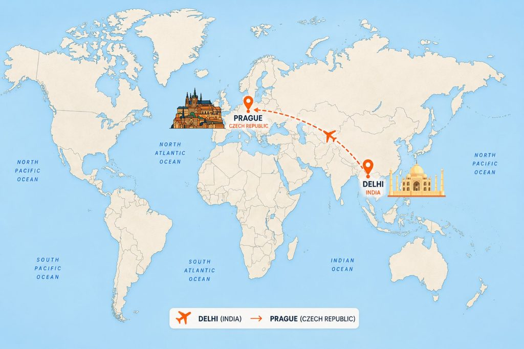 Indian cuisine in Prague: Delhi to Prague flight route
