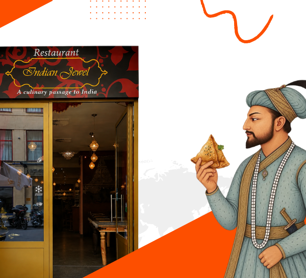Indian cuisine in Prague at Indian Jewel restaurant with traditional Indian illustration