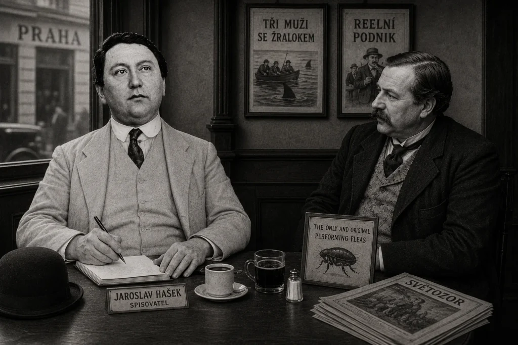 Jaroslav Hašek and Ferda Mestek discussing the flea circus 