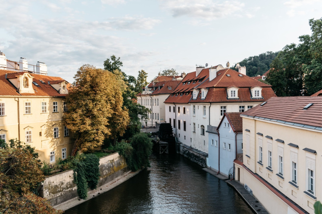 Čertovka Kampa Canal flowing between historic buildings in Prague, part of the city’s Prague rivers