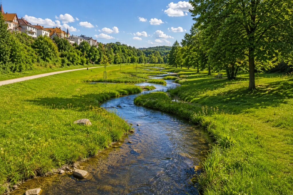Rokytka stream flowing through a sunny green park among Prague rivers