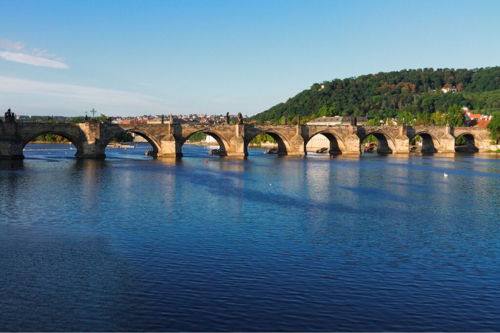 Charles Bridge crossing the Vltava River, one of the most iconic Prague rivers