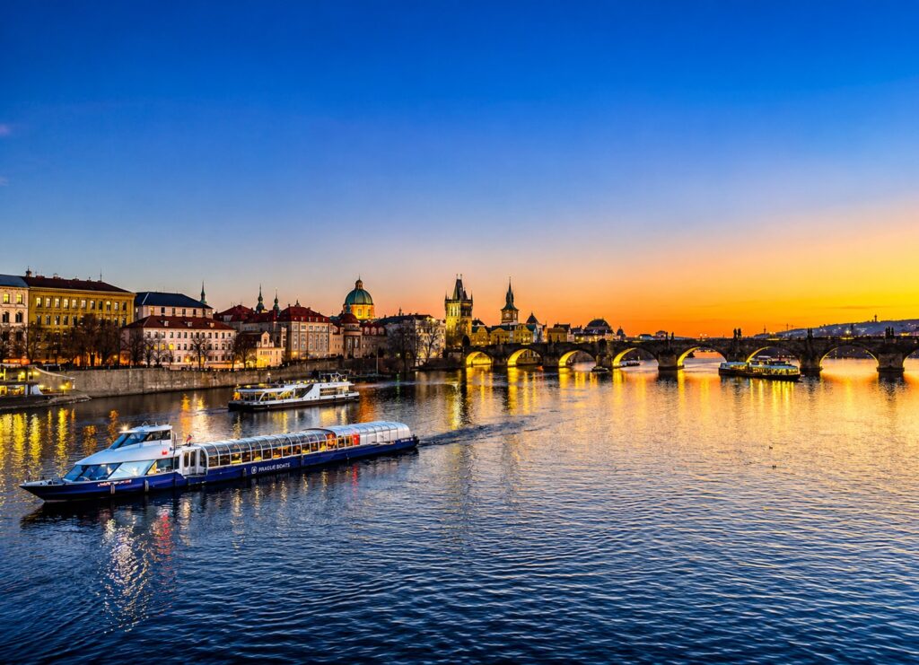 Prague Rivers: Vltava River and Charles Bridge at sunset