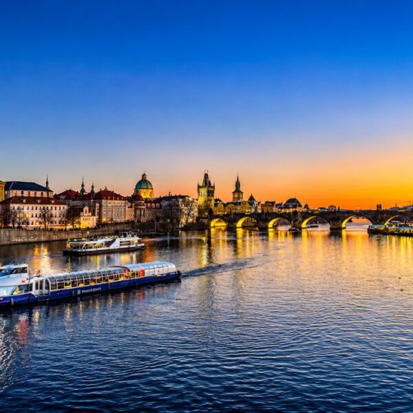 Prague Rivers: Vltava River and Charles Bridge at sunset
