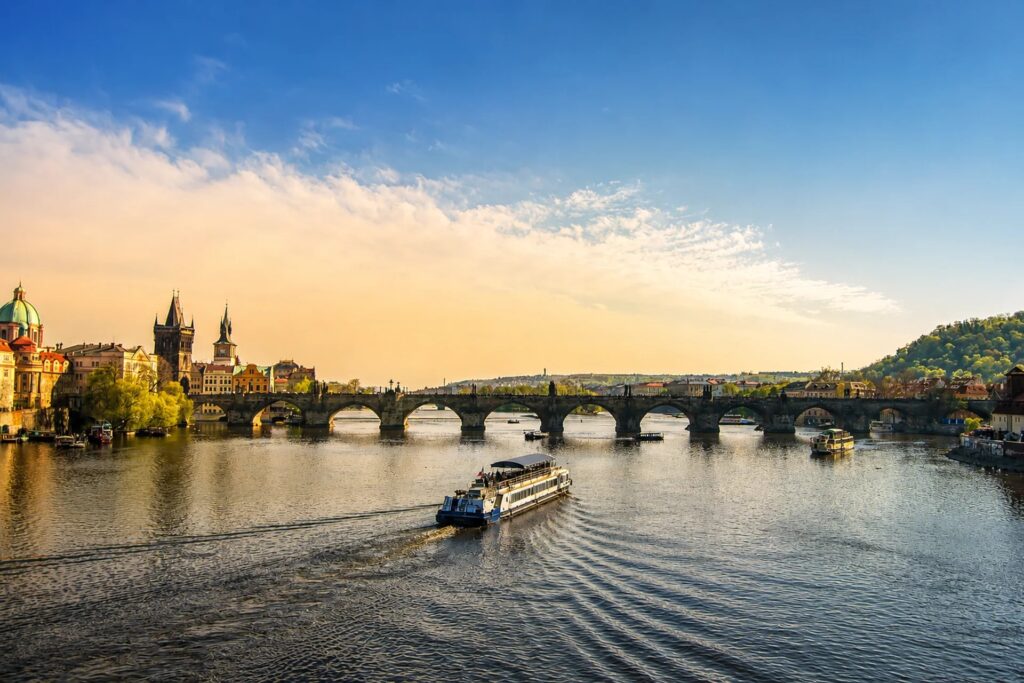 Prague Rivers: Vltava River flowing beneath Charles Bridge in Prague