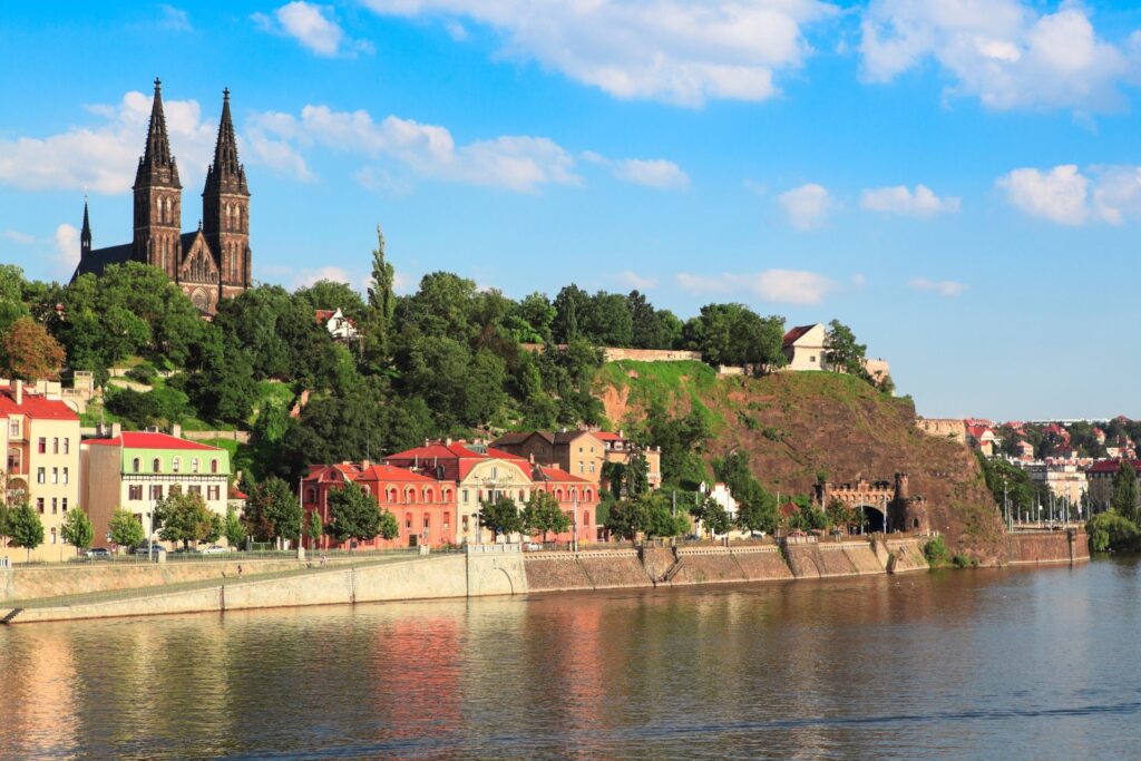Vltava River view from Vyšehrad in Prague, offering a quieter perspective on the city’s Prague rivers”