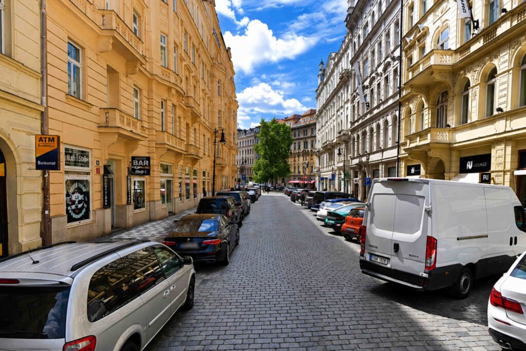 Prague Streets – Dlouhá Street with historic architecture, cobblestone road, and elegant buildings in Prague's Old Town