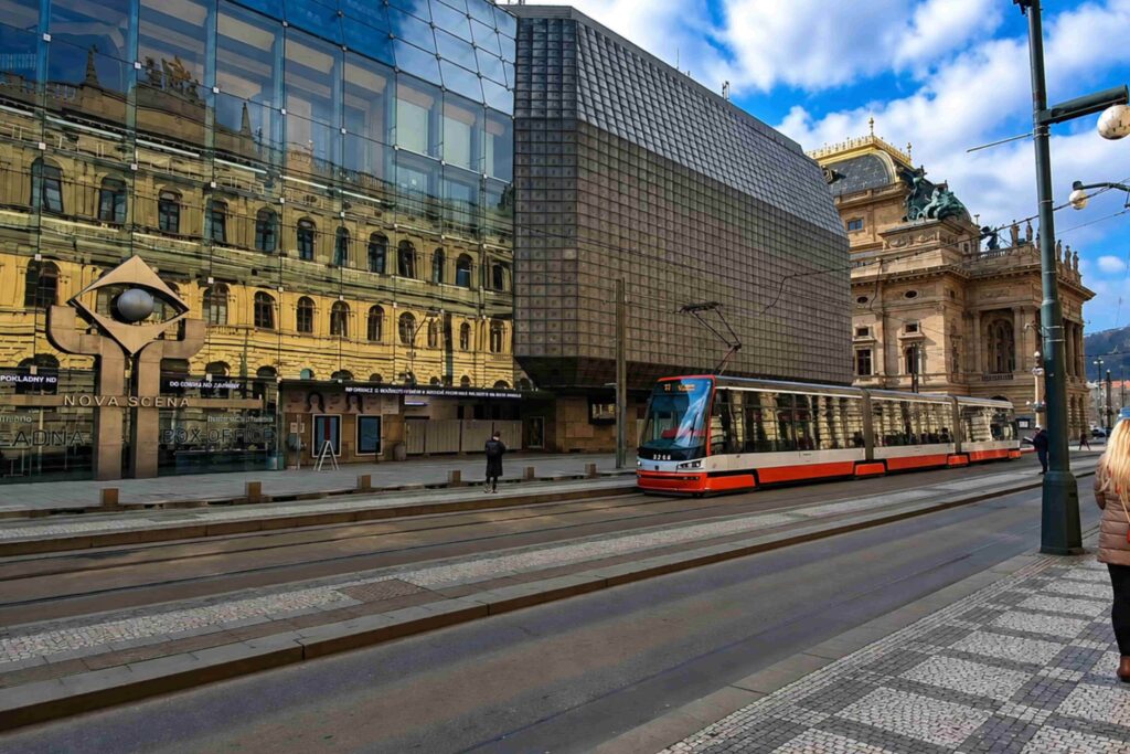 Národní Street, one of the busiest Prague Streets with the National Theatre and Nová Scéna in Prague