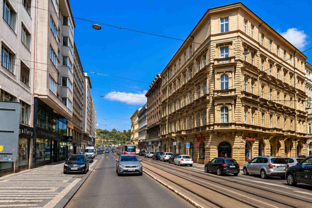 Prague Streets – Revoluční Street featuring elegant historic architecture, tram tracks, and a wide boulevard in central Prague