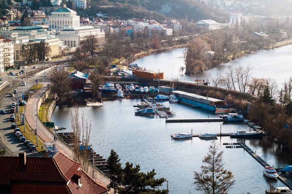 Prague water activities along the Vltava River with boats and riverside recreation