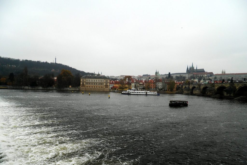 Prague water activities on the Vltava River with boats near Prague's historic center