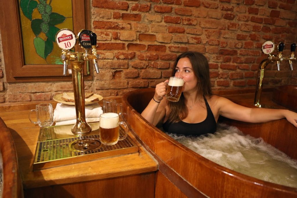 Fun things to do in Prague, relaxing in a traditional Czech beer spa