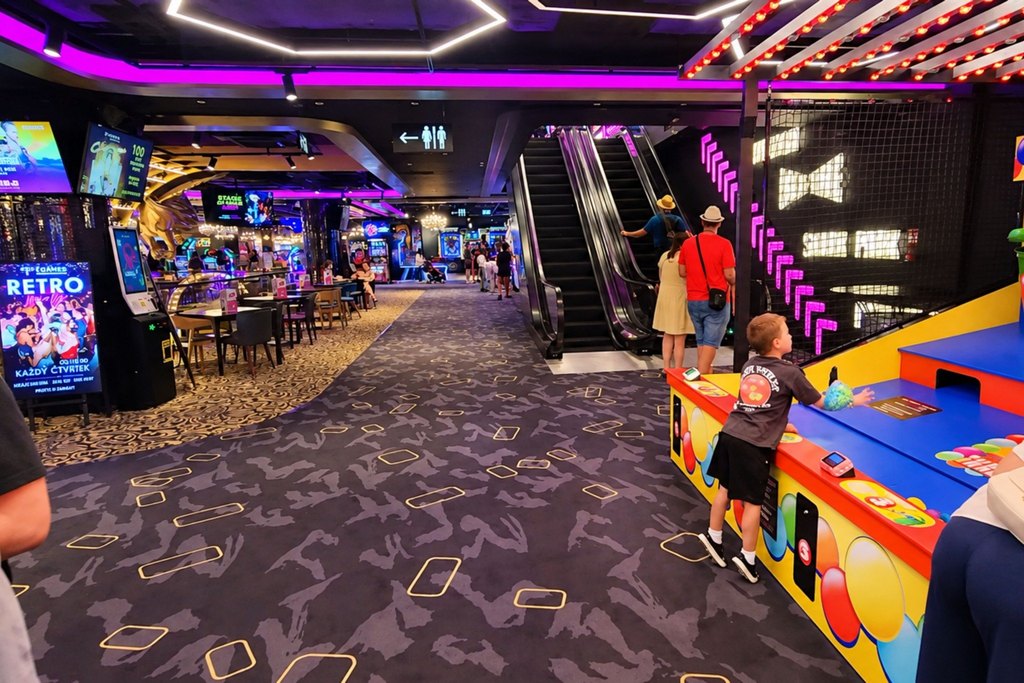 Fun things to do in Prague at night featuring arcade games and entertainment at LEVELS Prague