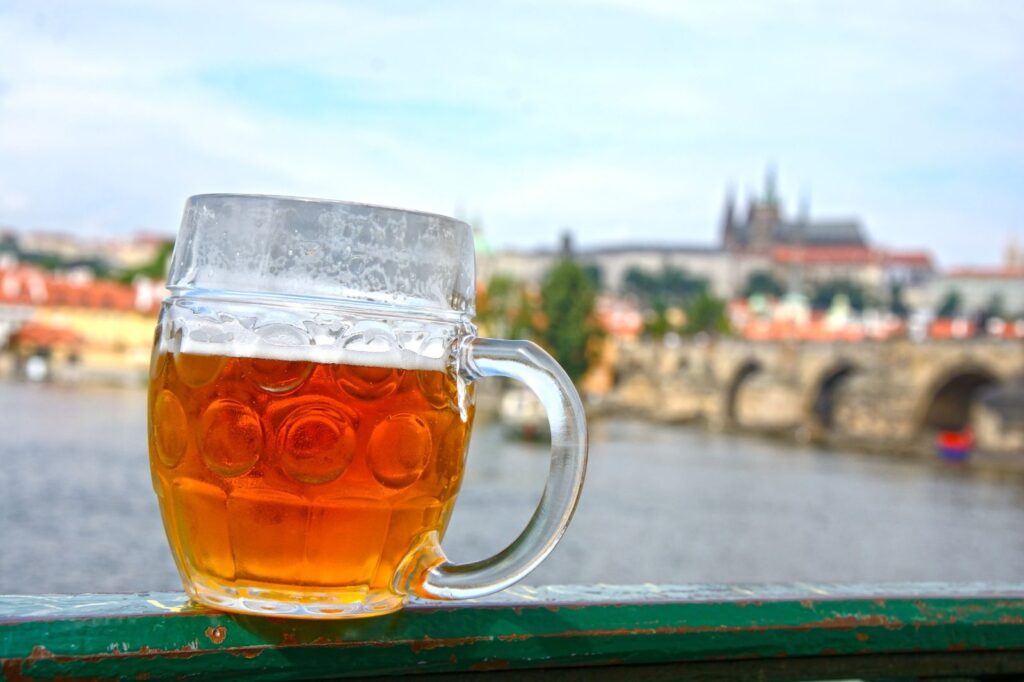 Prague Food & Beer with Czech beer overlooking Prague landmarks