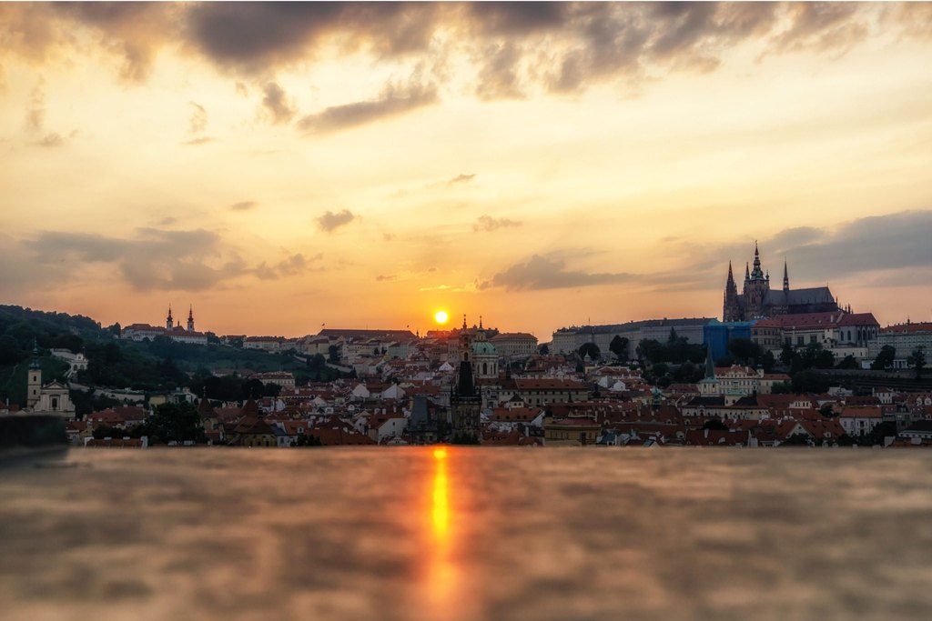 Prague Night Activities at sunset with a panoramic view of Prague Castle and the historic city