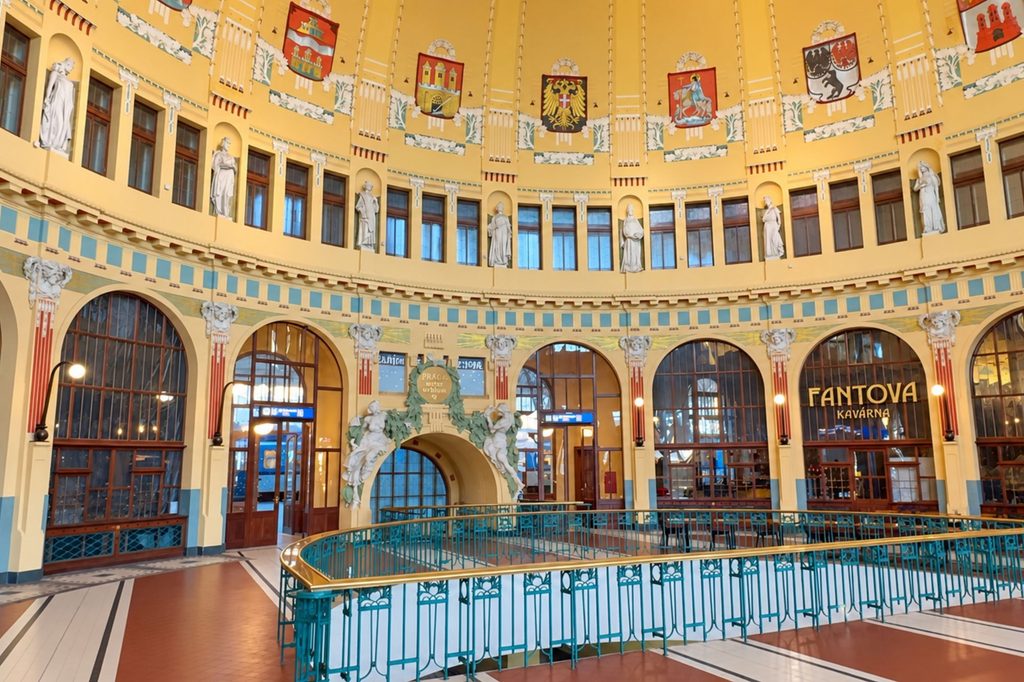 Fanta Building interior at Prague Main Railway Station showcasing Art Nouveau Prague architecture