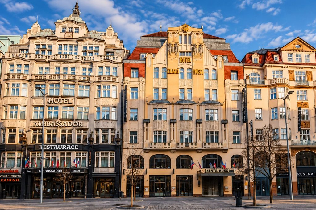 Golden Goose Hotel on Wenceslas Square showcasing late Art Nouveau Prague architecture and ornate facade