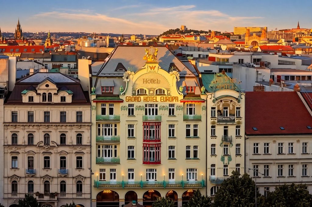 Grand Hotel Evropa on Wenceslas Square showcasing Art Nouveau Prague architecture and decorative facade