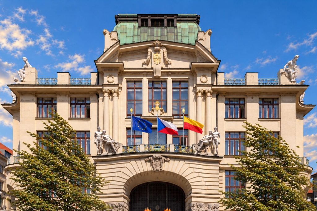 New Prague City Hall on Mariánské náměstí showcasing Art Nouveau Prague architecture with its ornate façade and sculptural details