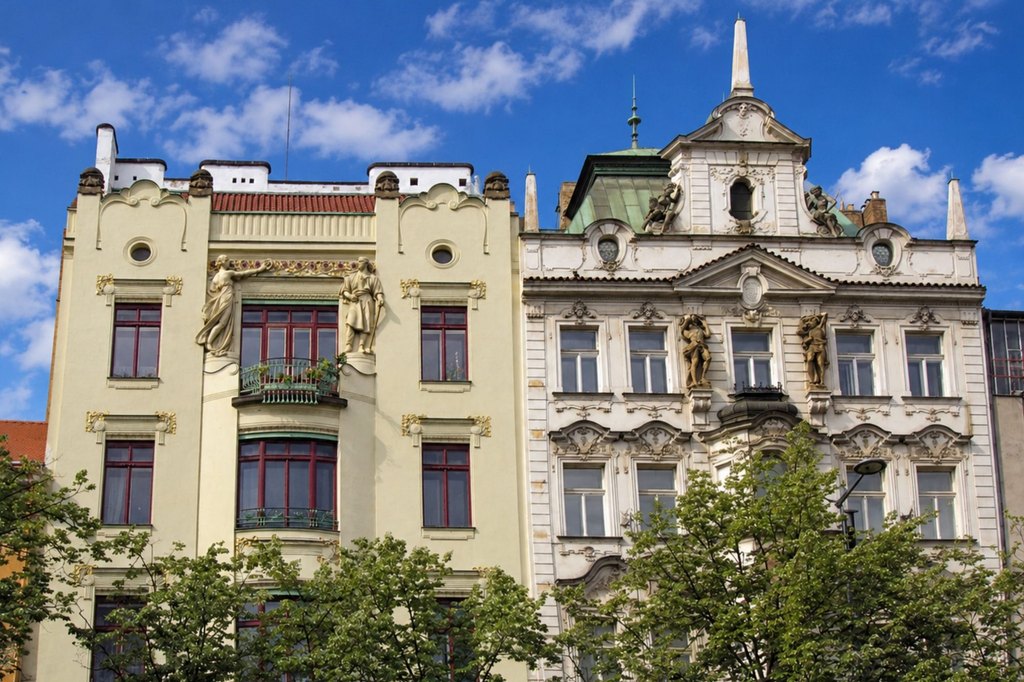 Peterka House on Wenceslas Square showcasing Art Nouveau Prague architecture with floral stucco and sculptures