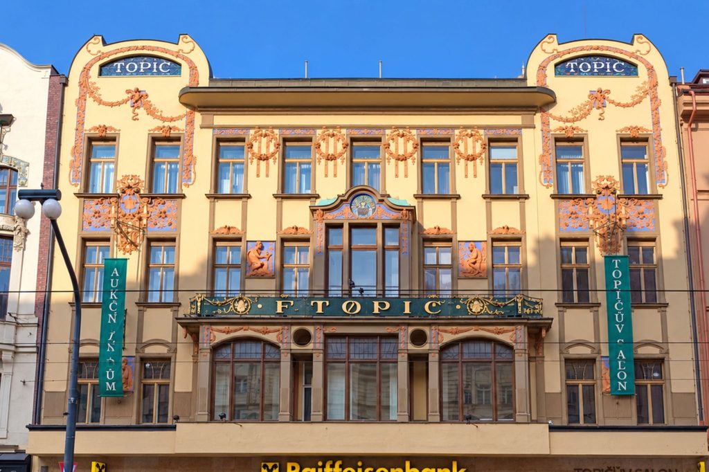 Topič House and Topič Salon on Národní třída showcasing Art Nouveau Prague architecture with mosaics, floral stucco and Topič letterin
