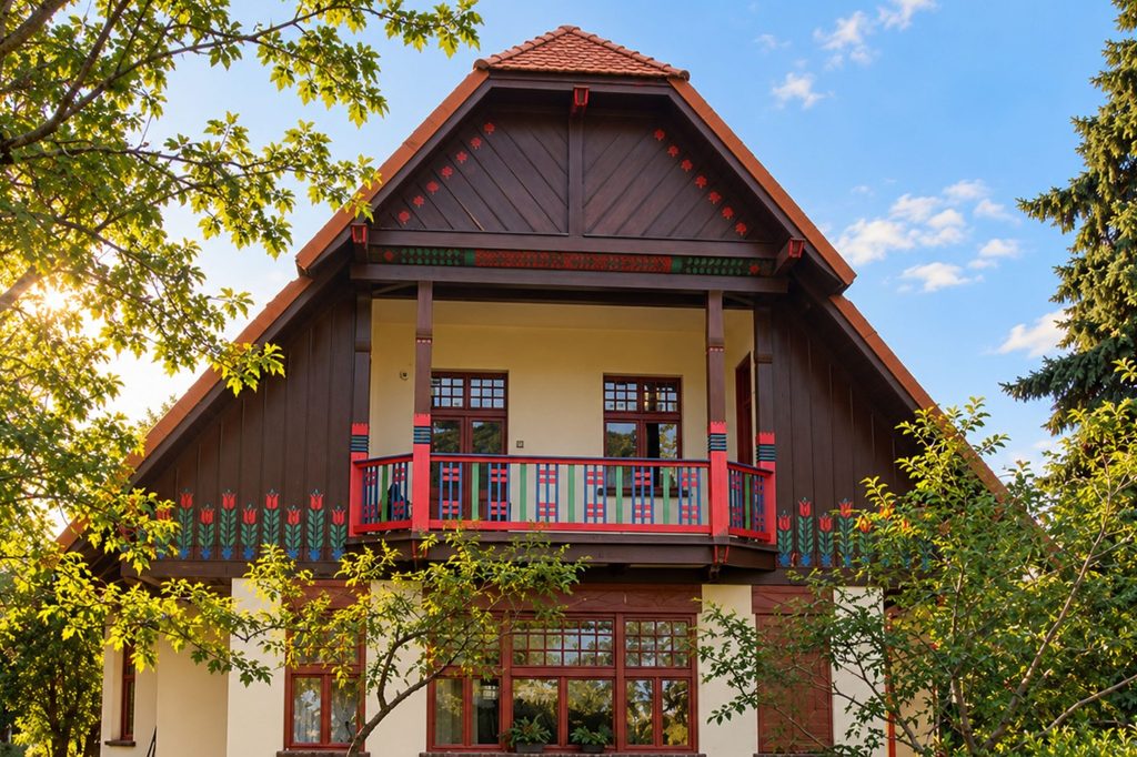 Trmal Villa in Prague showcasing Art Nouveau Prague architecture with colorful folk-inspired details, a wooden balcony and decorative gables